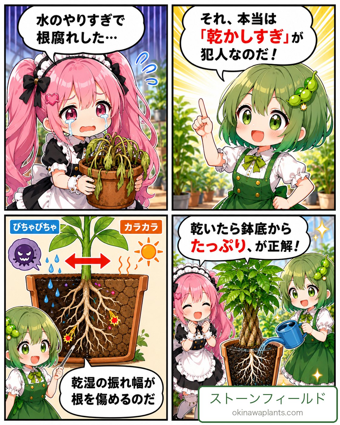 4コマ漫画: 根腐れの本当の原因は乾かしすぎ。乾いたら鉢底からたっぷりが正解