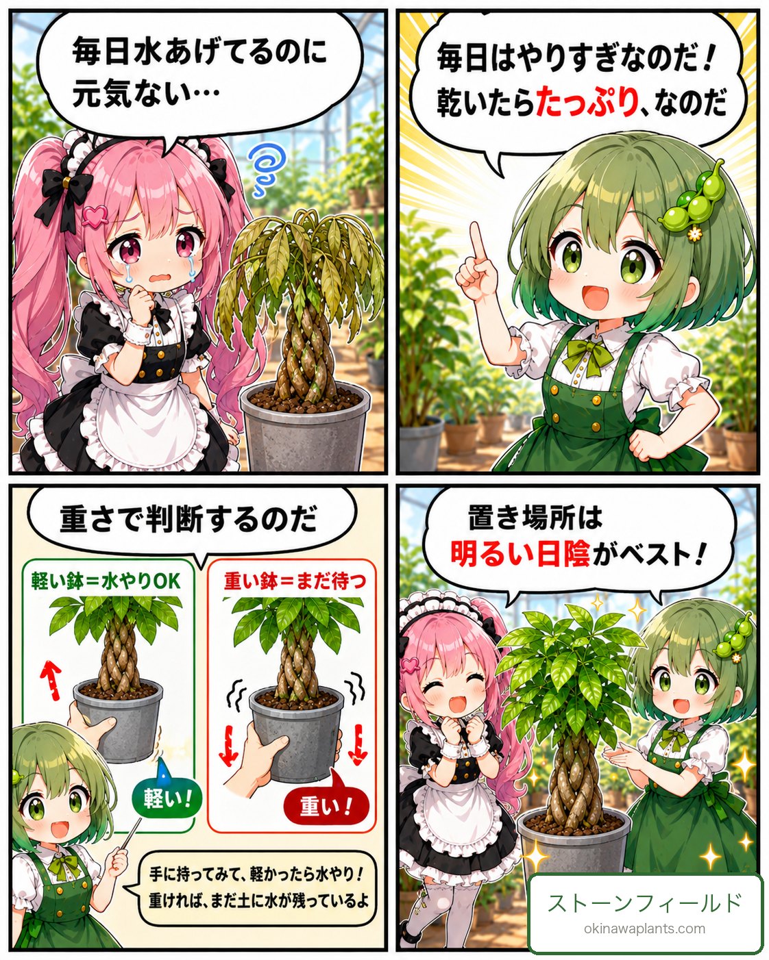 毎日の水やりがパキラを弱らせる。重さで判断、明るい日陰がベストと解説する4コマ漫画