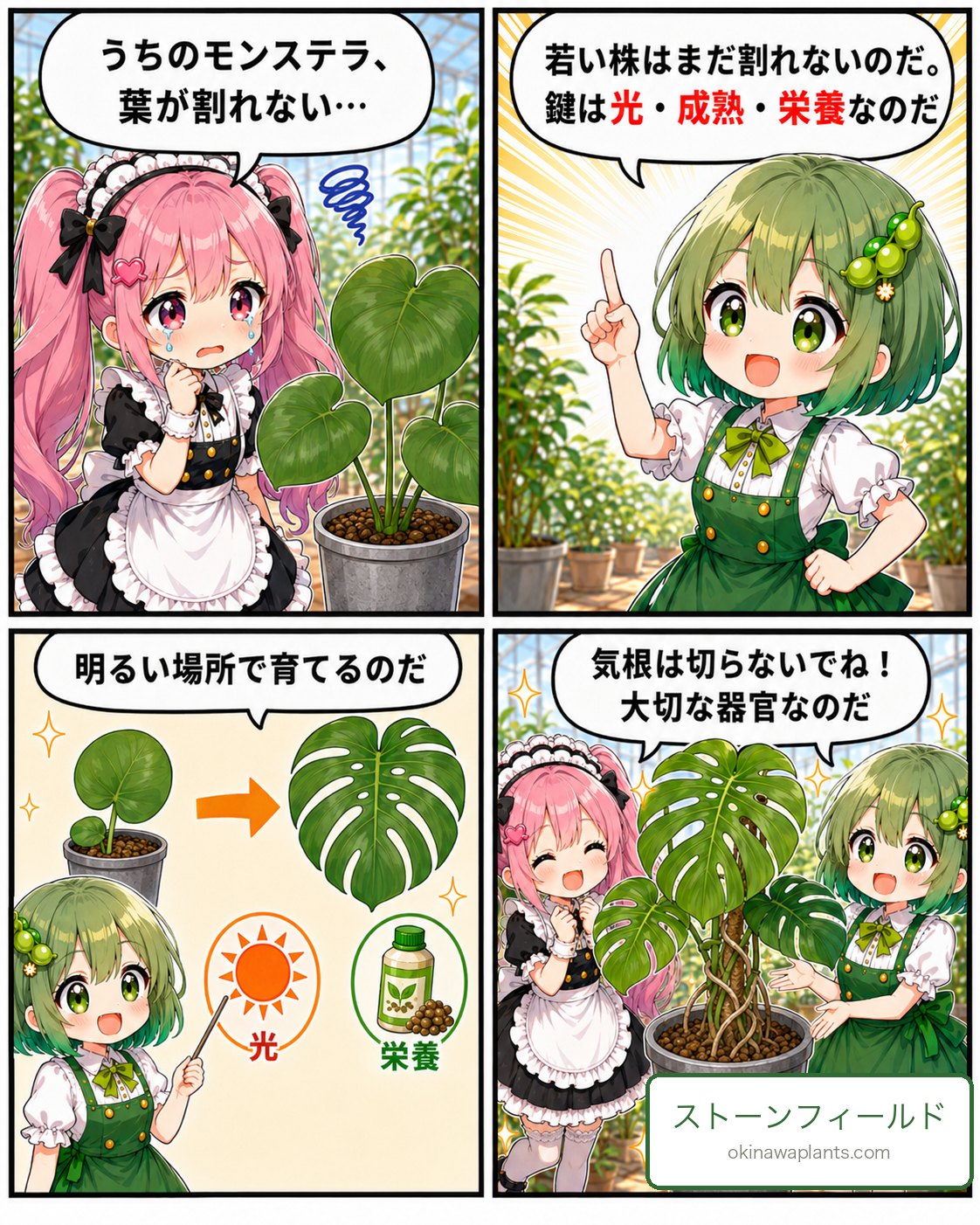 モンステラの葉割れの鍵は光・成熟・栄養。気根は切らないでと解説する4コマ漫画