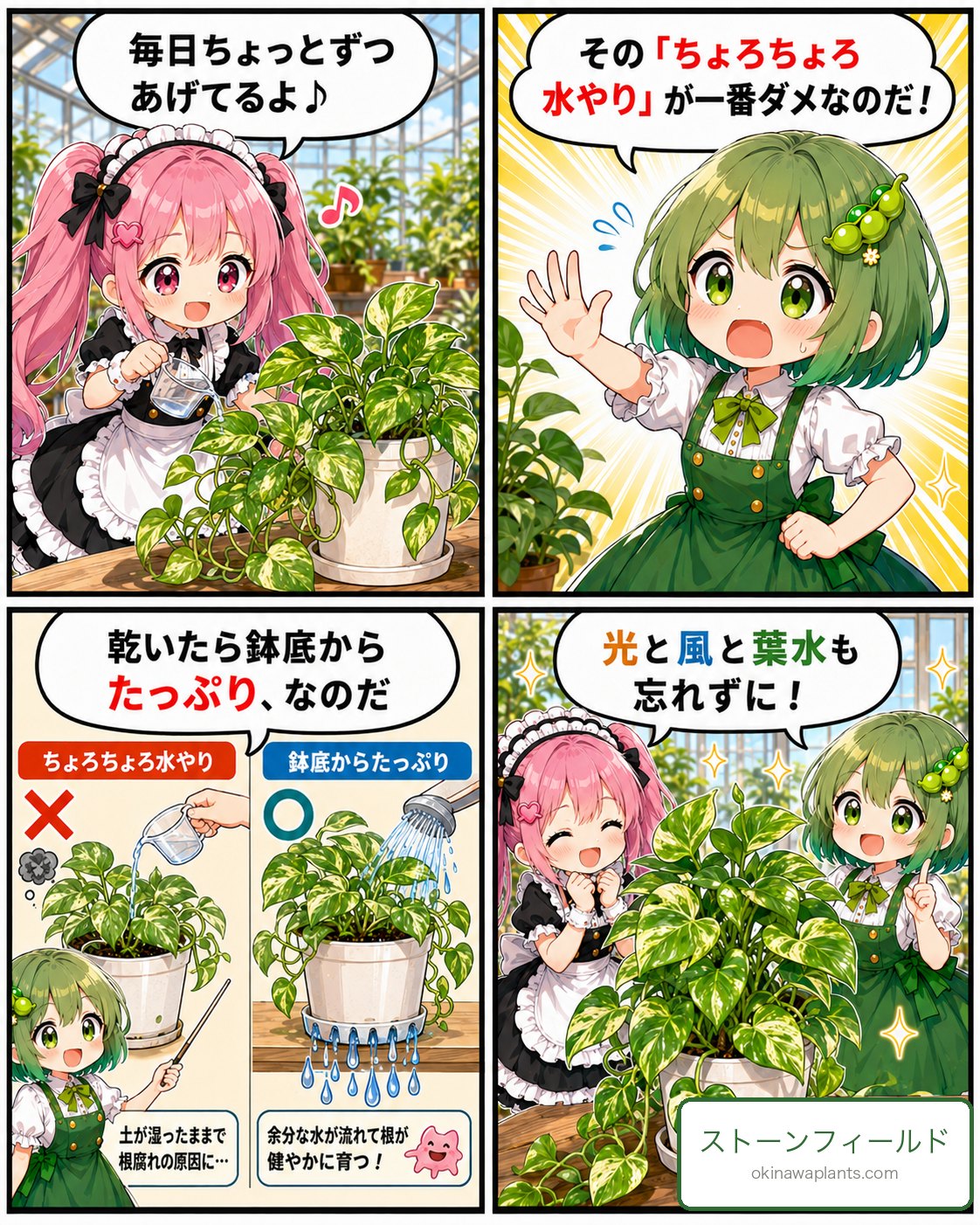 毎日少しずつのちょろちょろ水やりが一番ダメと解説する4コマ漫画