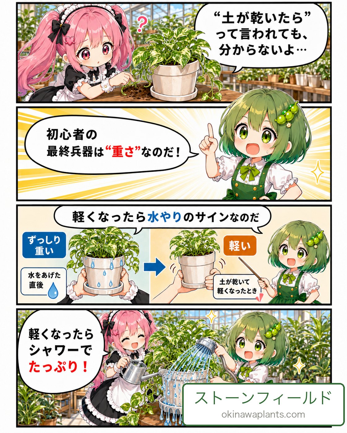 水やりのタイミングは鉢の重さで判断すると解説する4コマ漫画