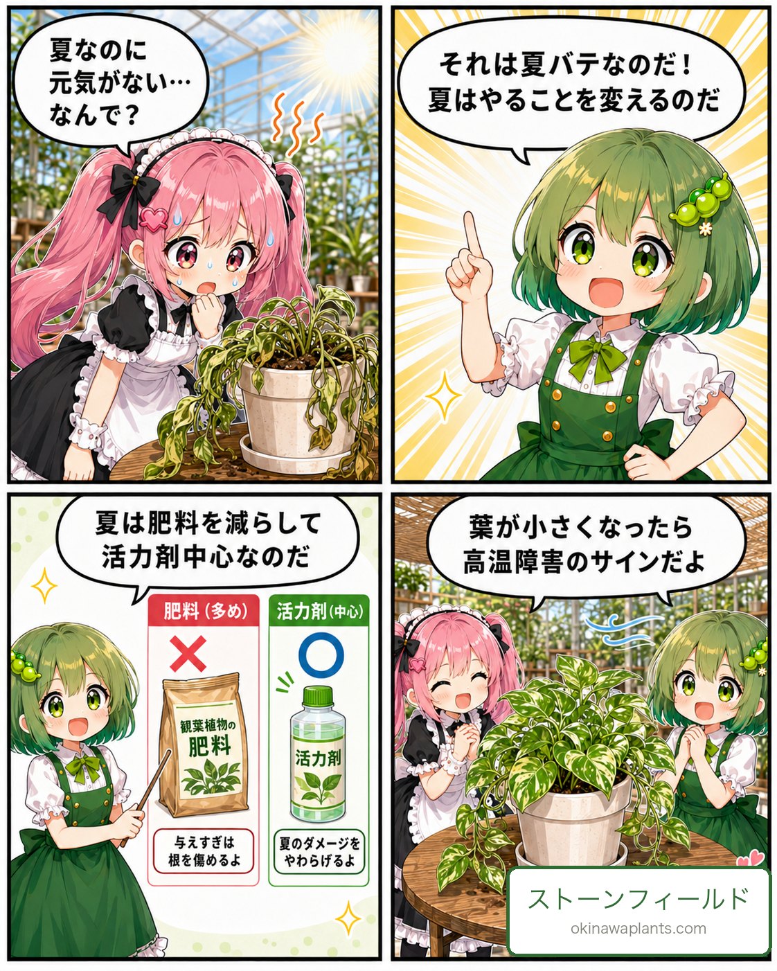 夏は肥料を減らして活力剤中心に。葉が小さくなったら高温障害のサインと解説する4コマ漫画