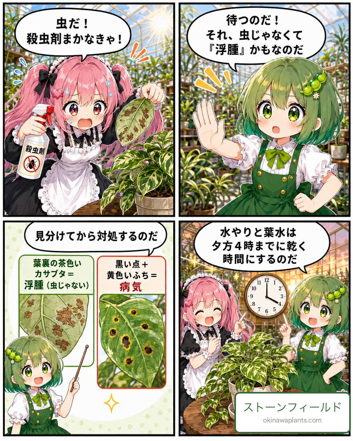 葉裏の茶色いカサブタは浮腫で虫ではない。見分けてから対処すると解説する4コマ漫画
