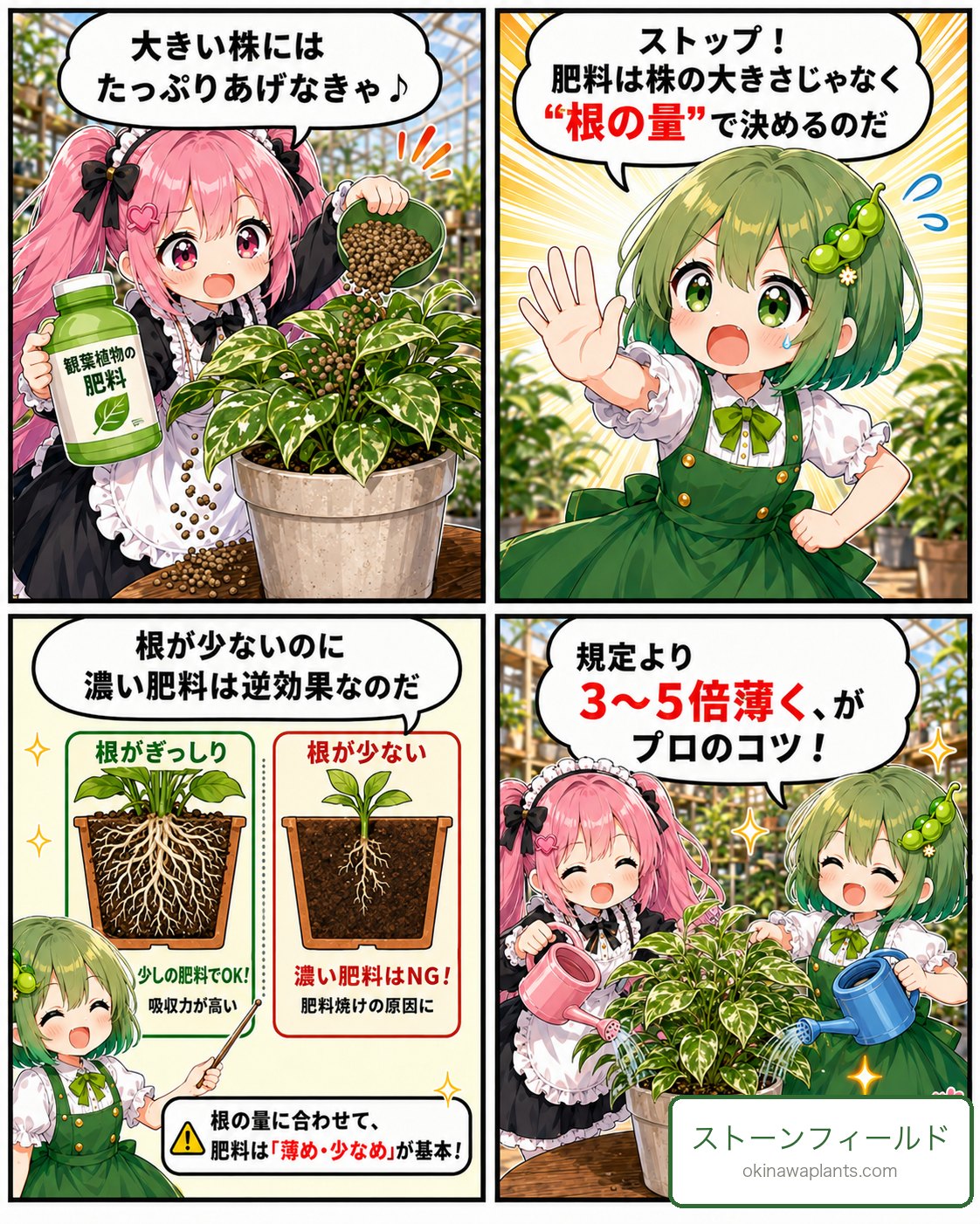 肥料は株の大きさじゃなく根の量で決める。規定より3〜5倍薄くがプロのコツと解説する4コマ漫画